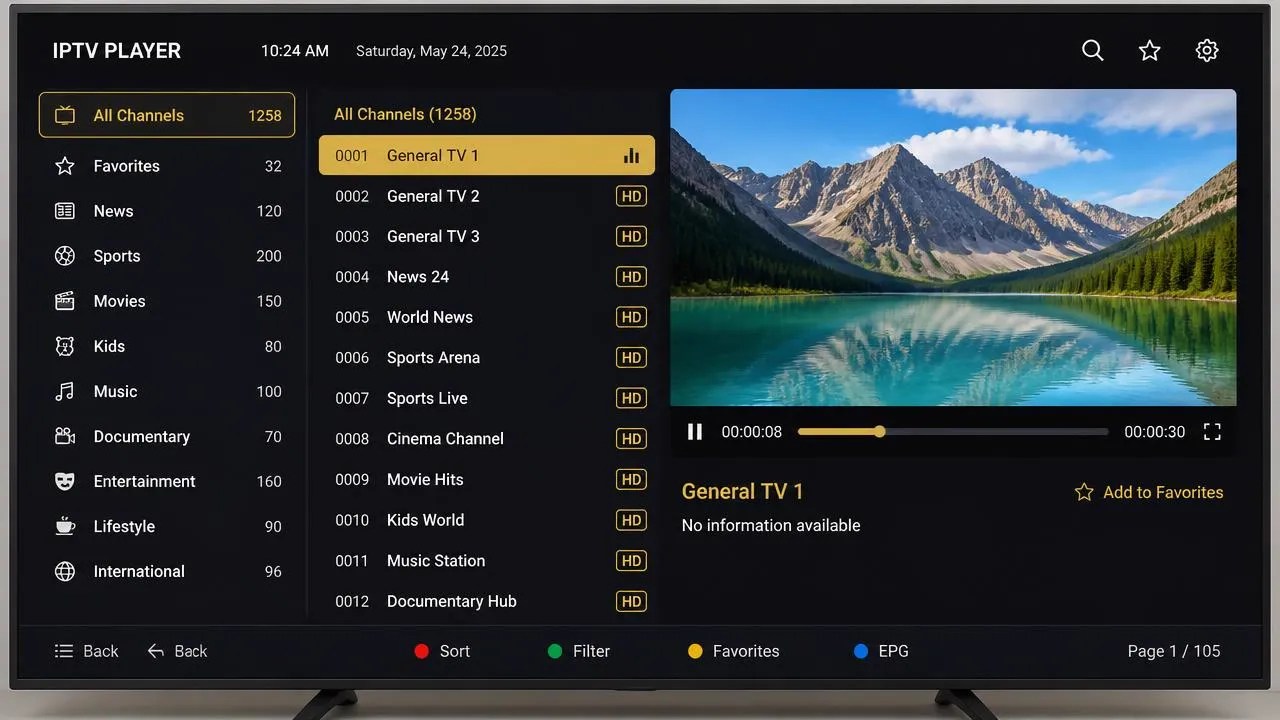 IPTV player interface on a Smart TV IPTV player interface on a Smart TV